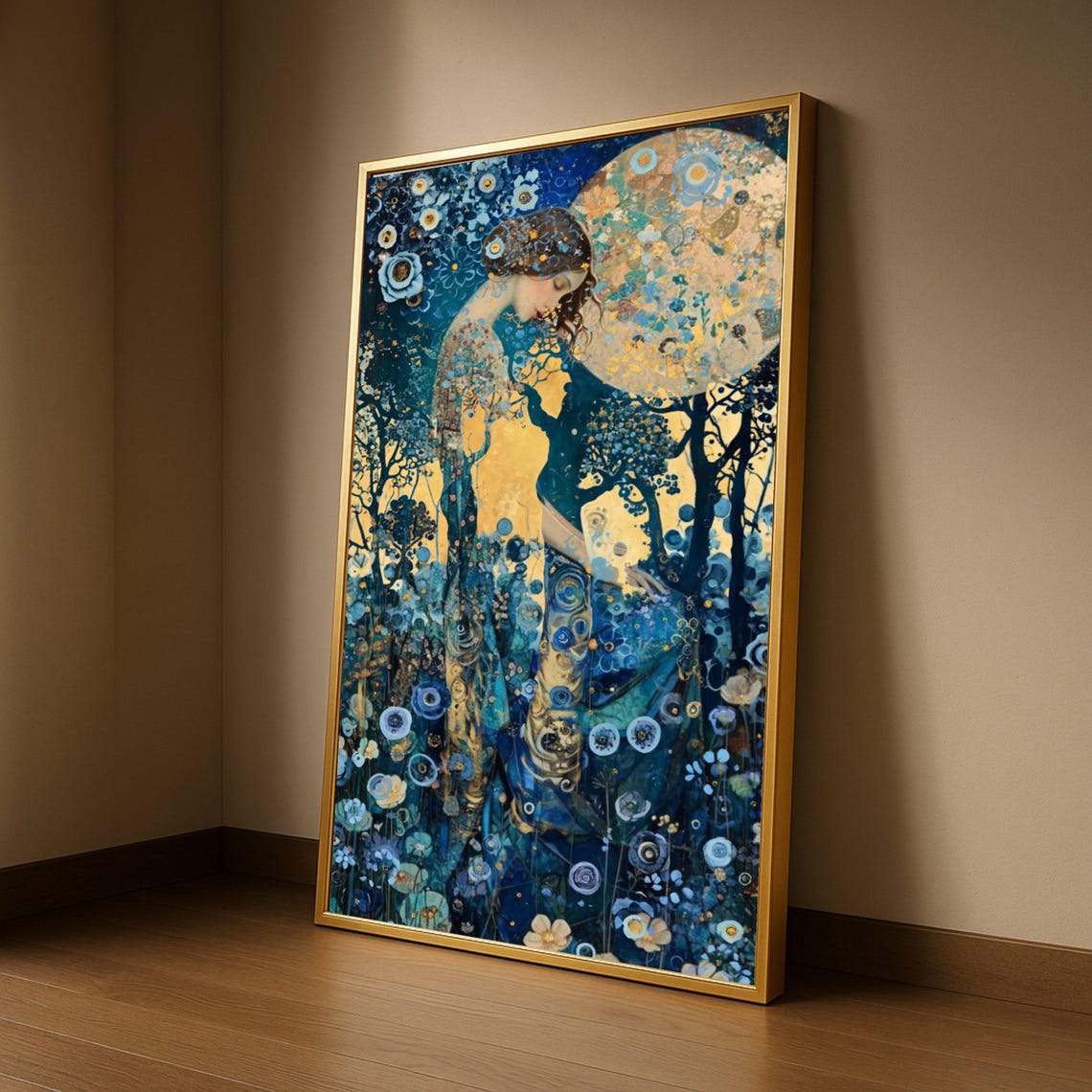 Enchanted Woman in Moonlit Night Garden Blue Gold Art Poster