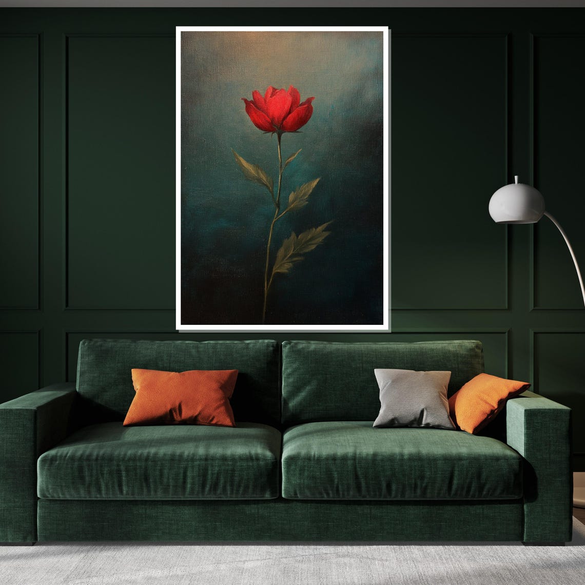 Single Red Rose On Deep Teal Moody Botanical Minimalist Wall Art - Image 3
