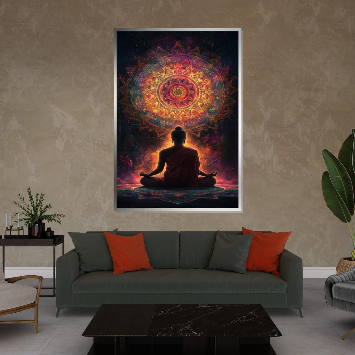 Buddha Silhouette Before Glowing Mandala Cosmic Spiritual Art Poster - Image 4