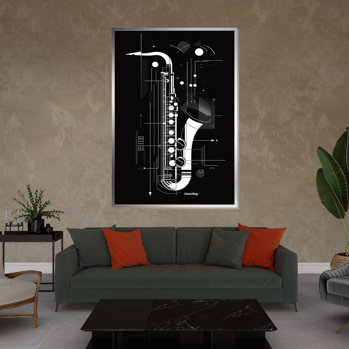 Black And White Saxophone Blueprint Line Art Modern Jazz Music Poster - Image 4
