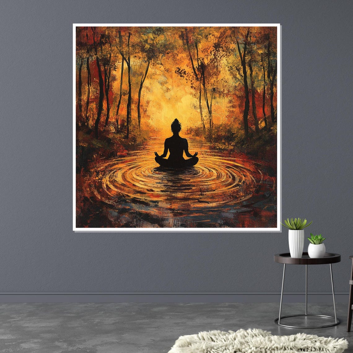 Meditating Woman Silhouette Golden Autumn Forest Lake Poster - Image 3