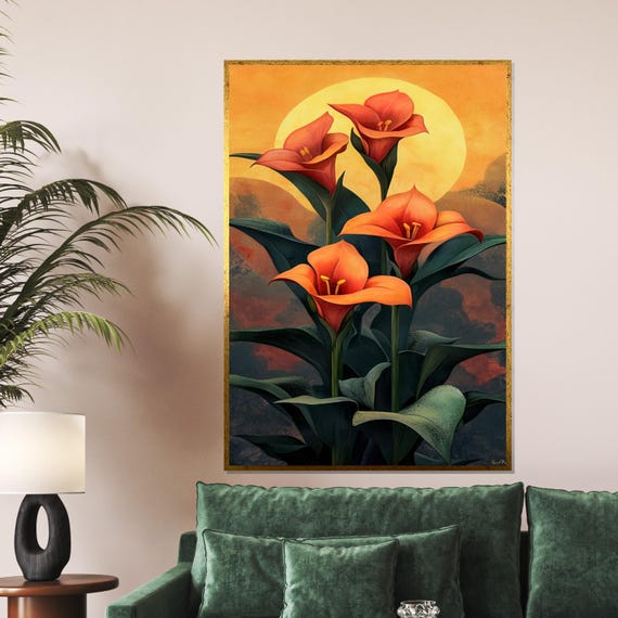 Sunset Calla Lily Floral Canvas Abstract Flower Art Nature Wall Design Ready To Hang Decoration Vibrant Bloom Print