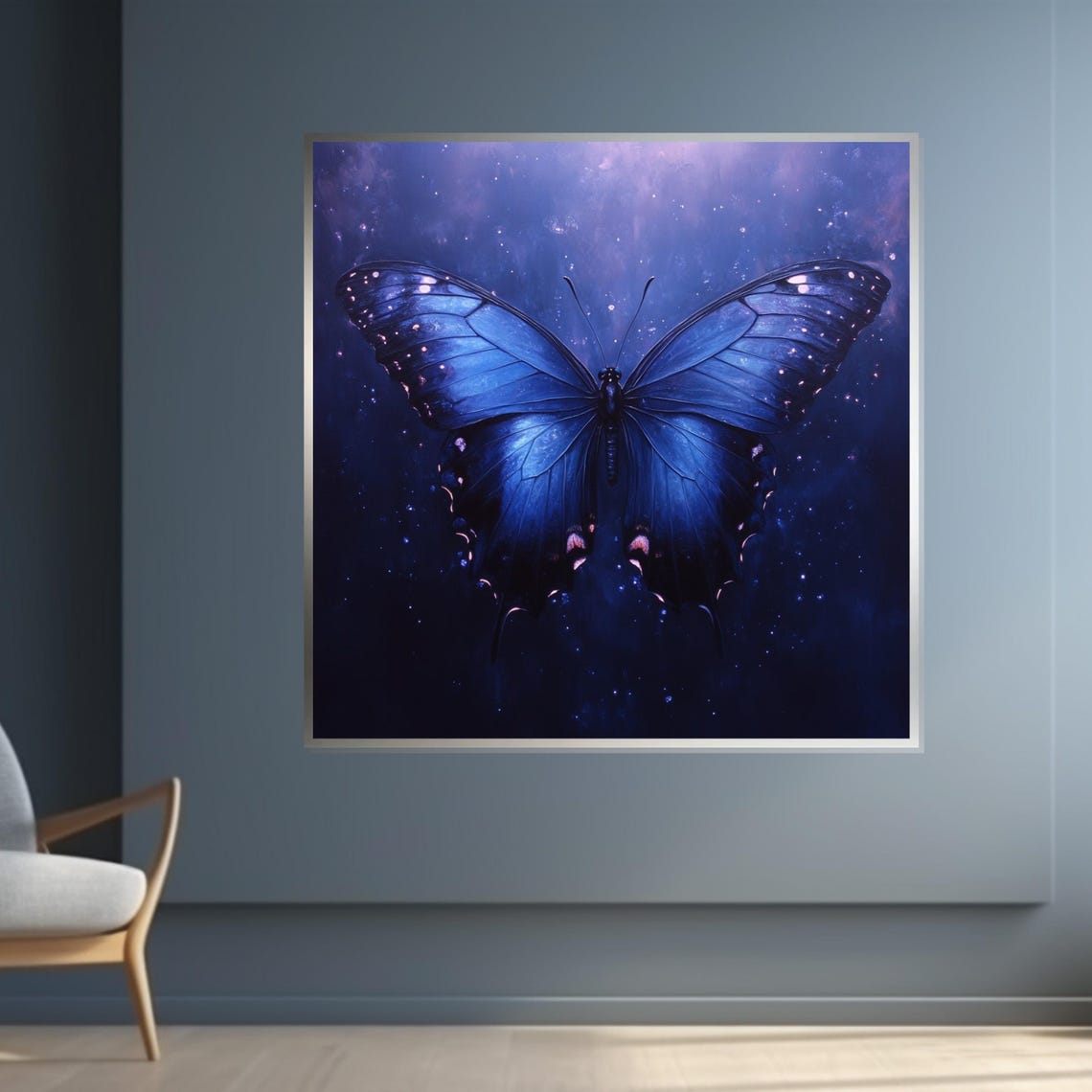 Blue Morpho Butterfly Against Starry Cosmic Night Sky Art Poster - Image 4