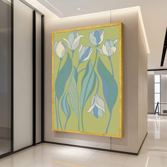 Abstract Blue Tulips Canvas Wall Art Modern Floral Design Botanical Home Decor Soft Green Background Contemporary Ready To Hang