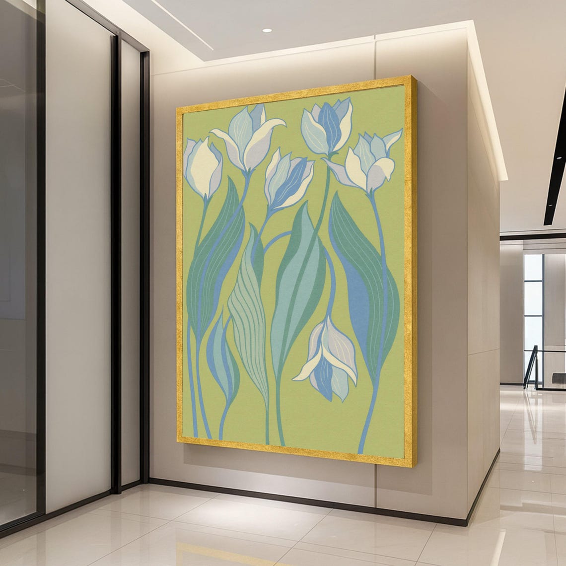 Blue Tulips Art Nouveau Floral Botanical Elegant Modern Wall Art
