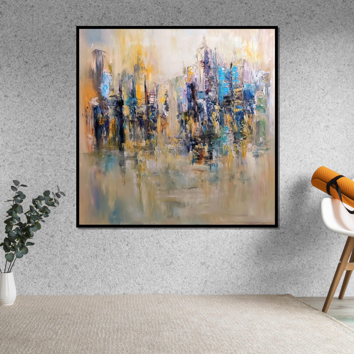 Soft Abstract Cityscape Water Reflection Muted Blue Beige Print - Image 5