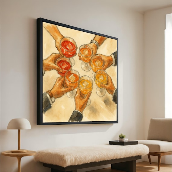 Toasting Celebration Canvas Wall Art Hands Holding Glasses With Drinks Party Scene Illustration Cheers Decor Ready To Hang