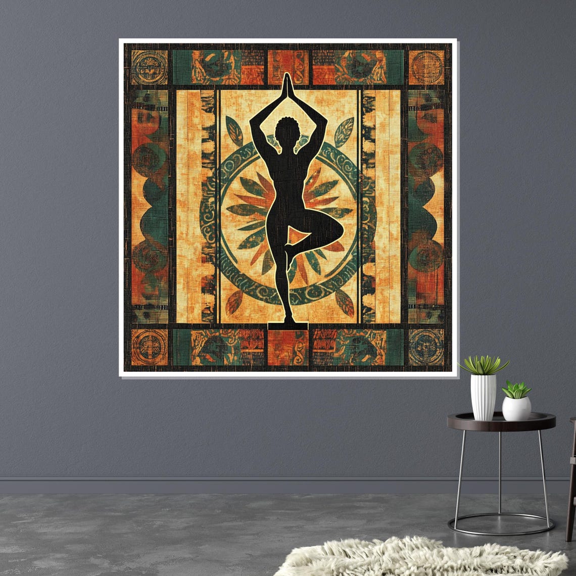 Tree Pose Yoga Woman Silhouette Warm Mosaic Mural Style Poster - Image 3