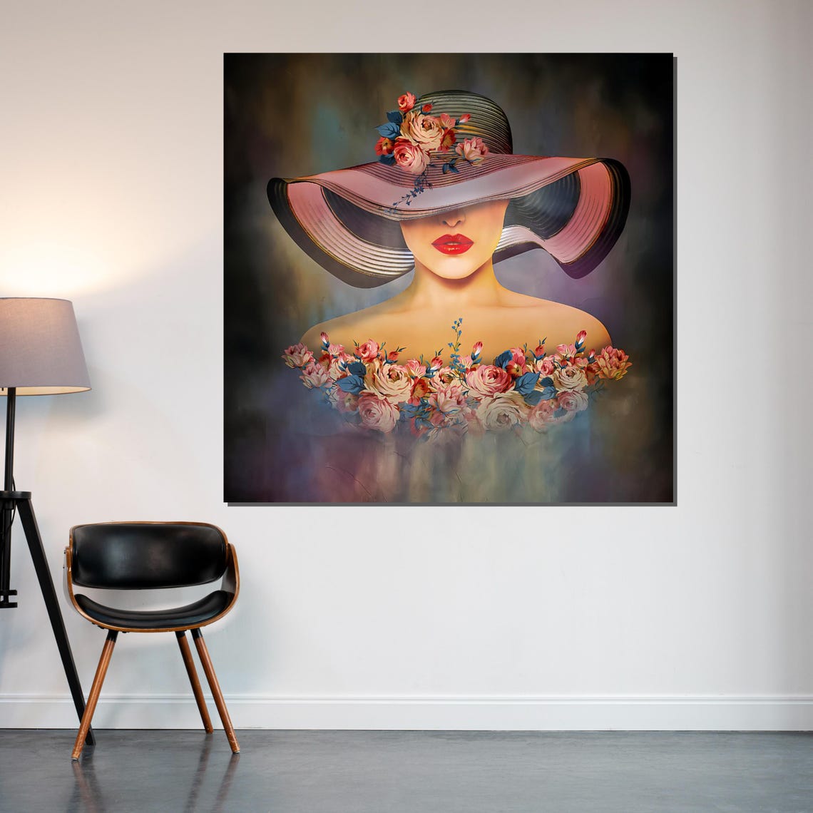 Woman in Striped Floral Hat Dreamy Painted Rose Portrait Poster - Image 2