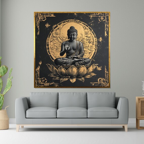 Black and Gold Buddha Lotus Blessing Mudra Luxury Art Poster