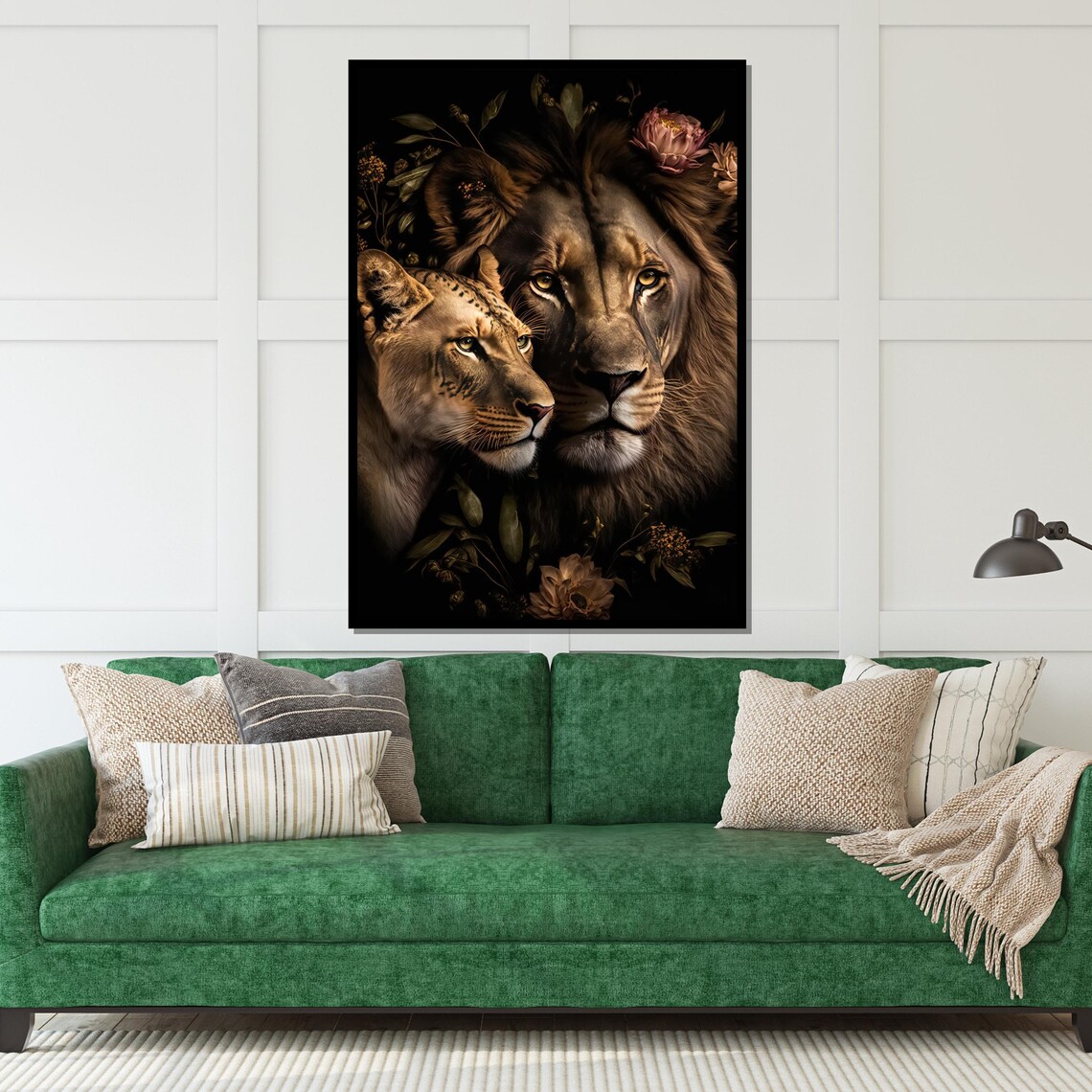 Lion and Lioness Pair Dark Floral Regal Couple Wildlife Art Poster - Image 5