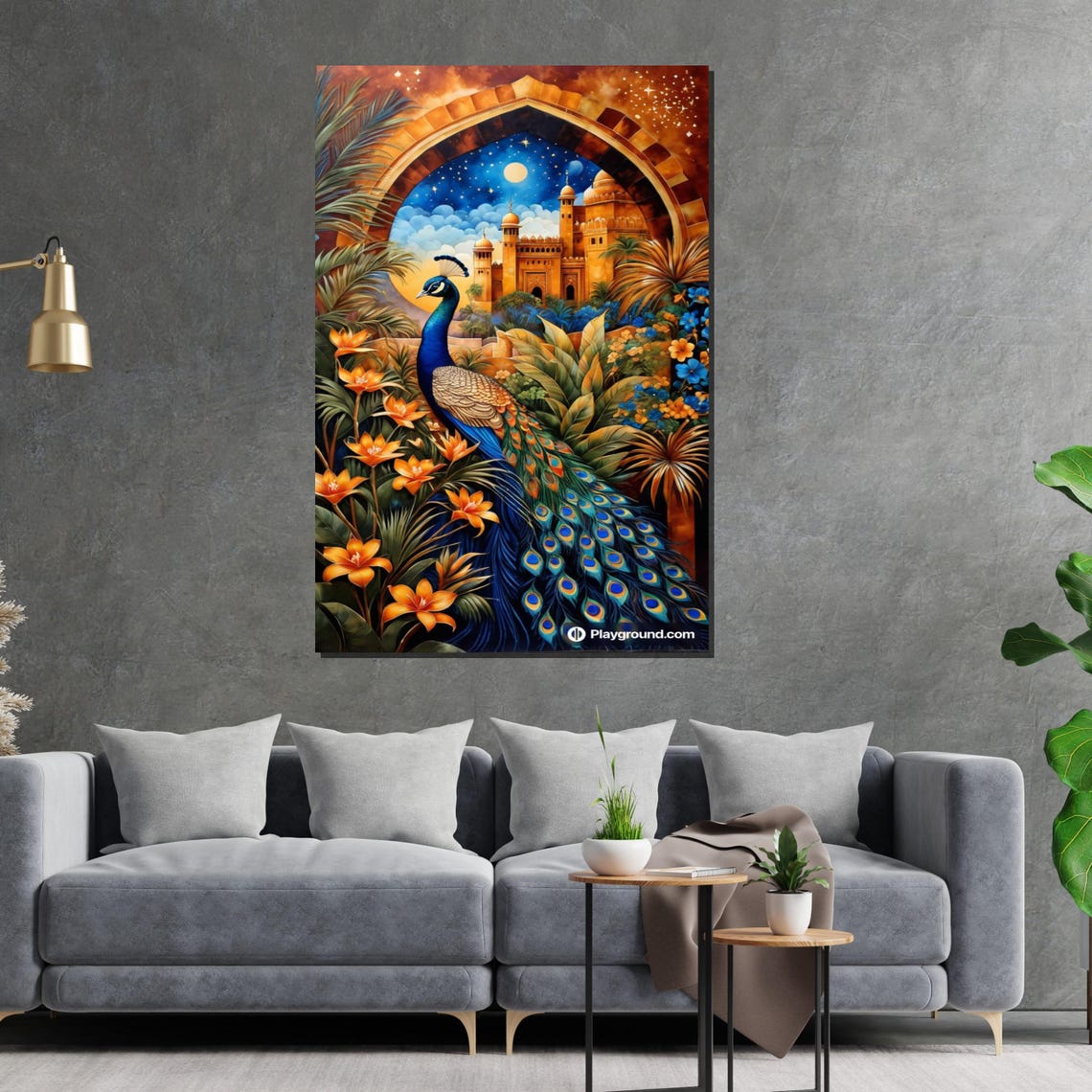 Peacock Palace Arch Night Orange Flowers Exotic Bird Art Poster - Image 2