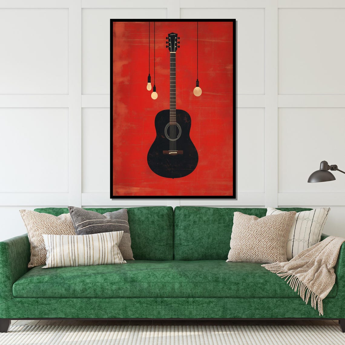 Black Acoustic Guitar on Bold Red Background Music Room Poster - Image 5