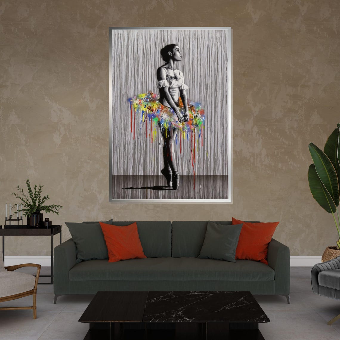 Ballerina With Rainbow Paint Drip Tutu Monochrome Ballet Art Poster - Image 4