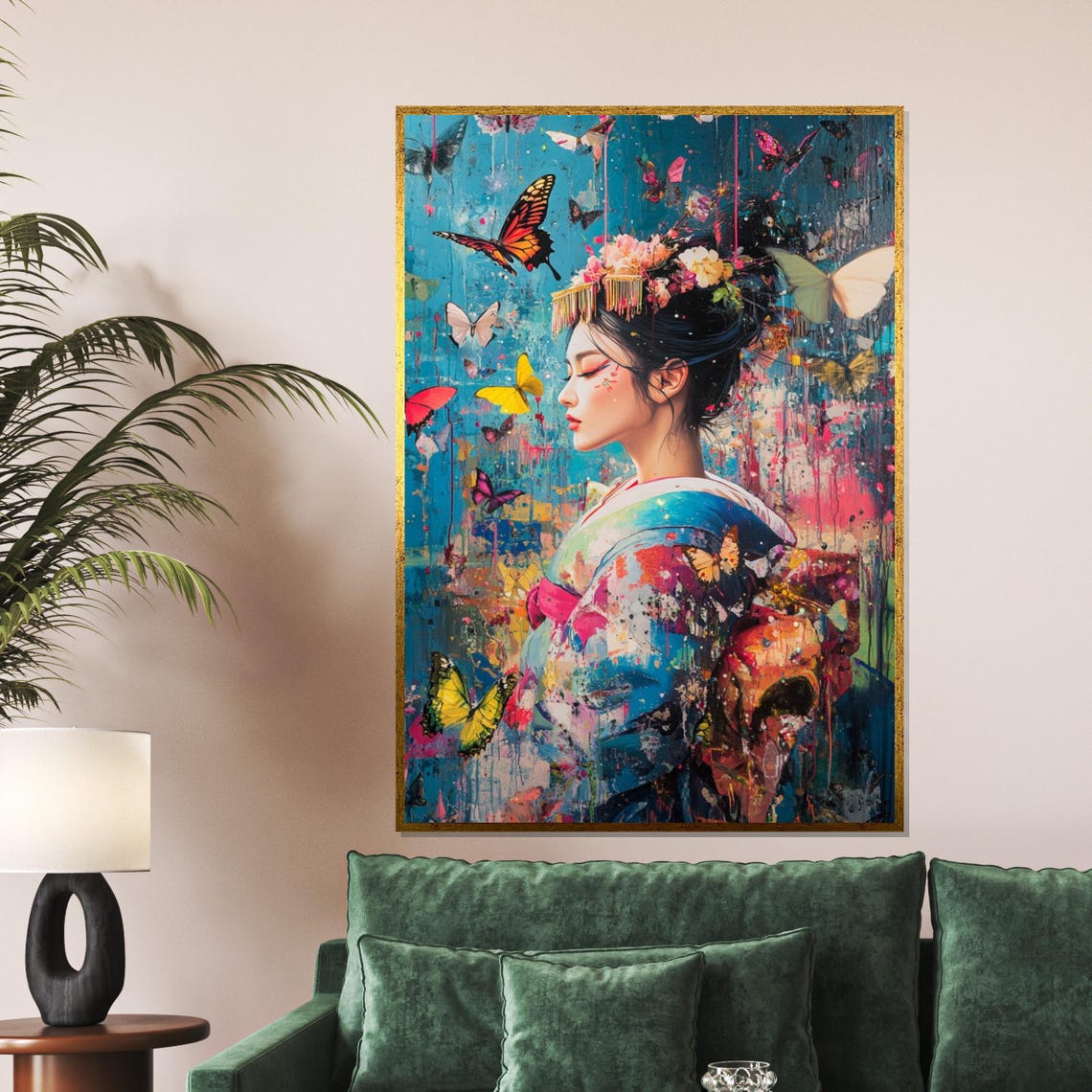 Geisha Butterfly Art Colorful Kimono Portrait Modern Art Poster