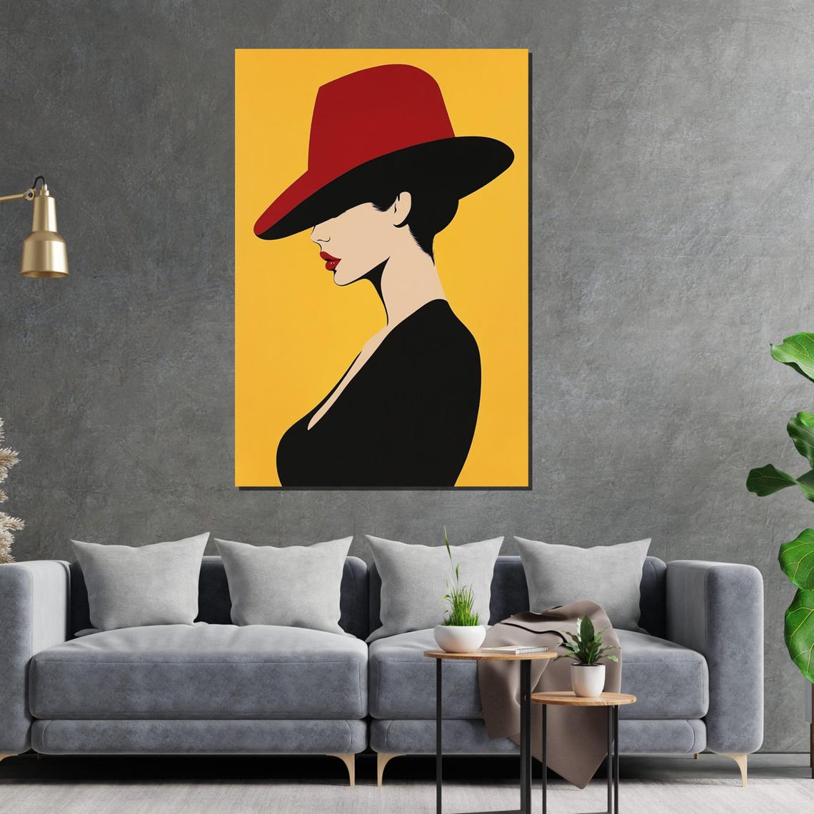 Minimalist Red Hat Lady Silhouette On Mustard Yellow Pop Art Poster