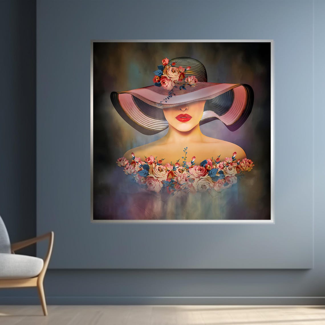 Woman in Striped Floral Hat Dreamy Painted Rose Portrait Poster - Image 4