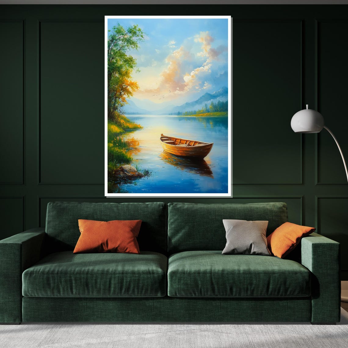 Golden Wooden Rowboat on Calm Blue Lake Sunrise Reflections Poster - Image 3