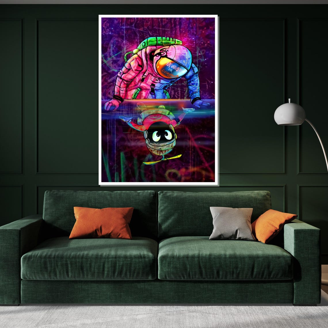 Astronaut Reaching Toward Alien Psychedelic Neon Space Art Poster