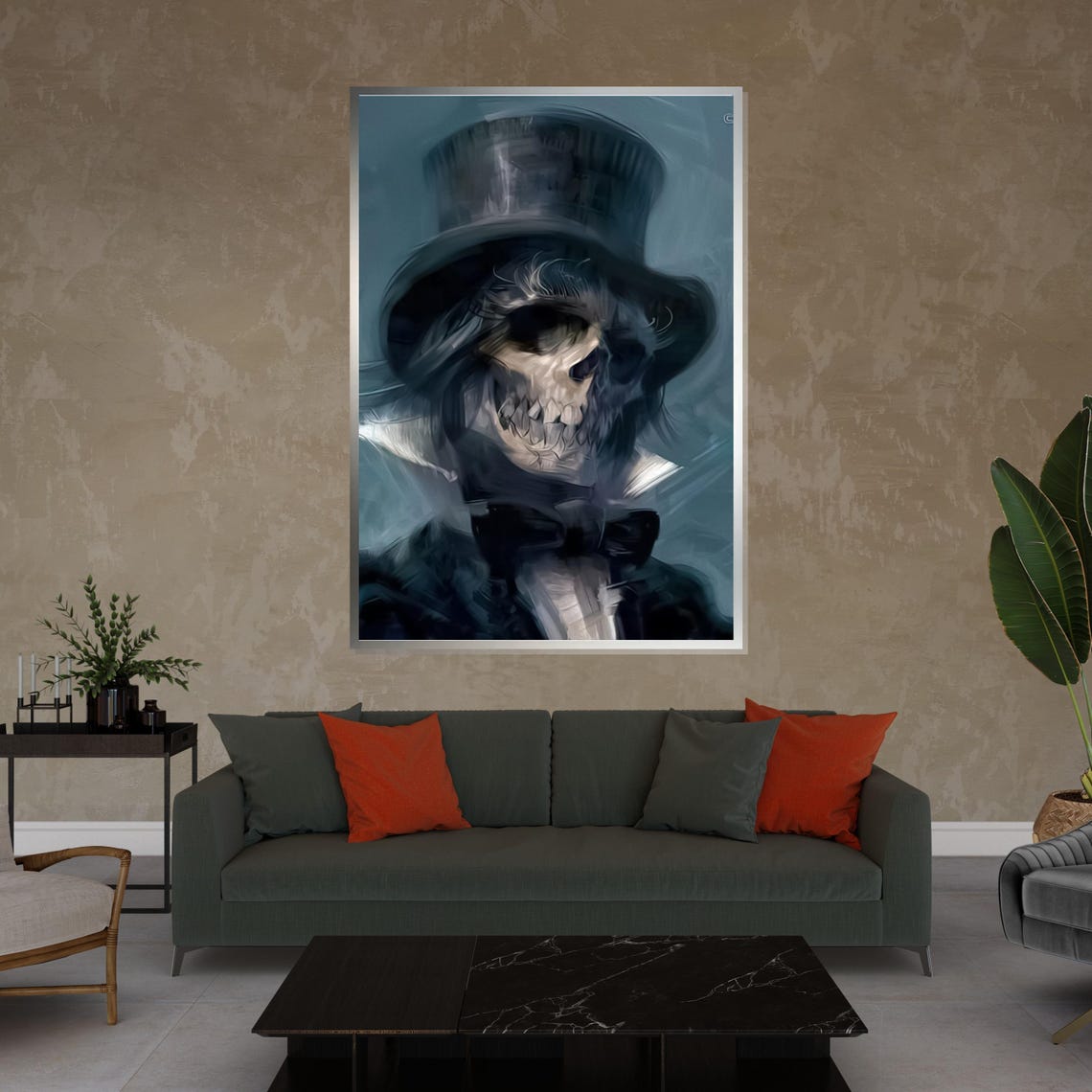 Gothic Skull in Top Hat and Bow Tie Dark Painterly Art Poster - Image 4