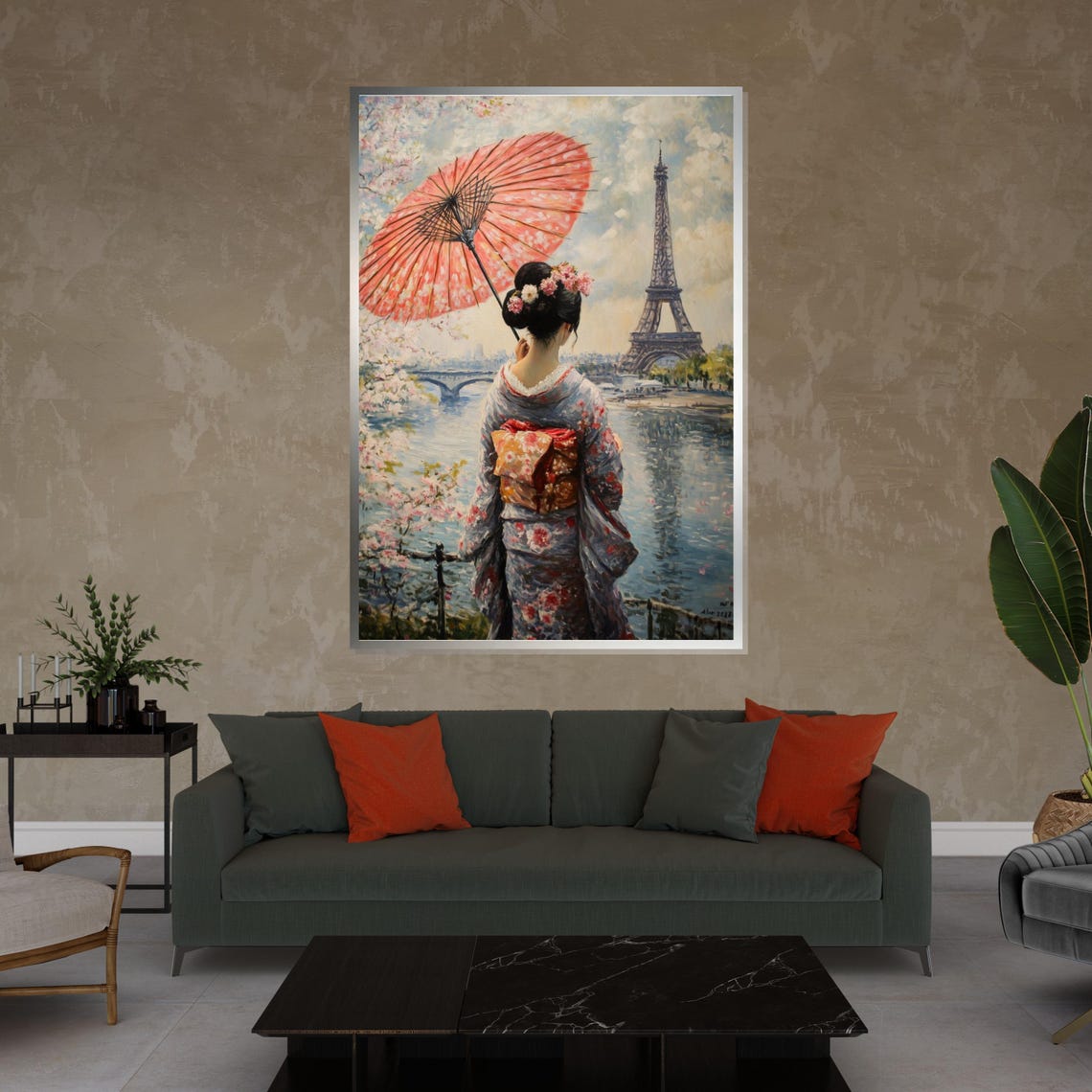 Geisha Eiffel Tower Paris Pink Parasol Cultural Fusion Art Poster - Image 4