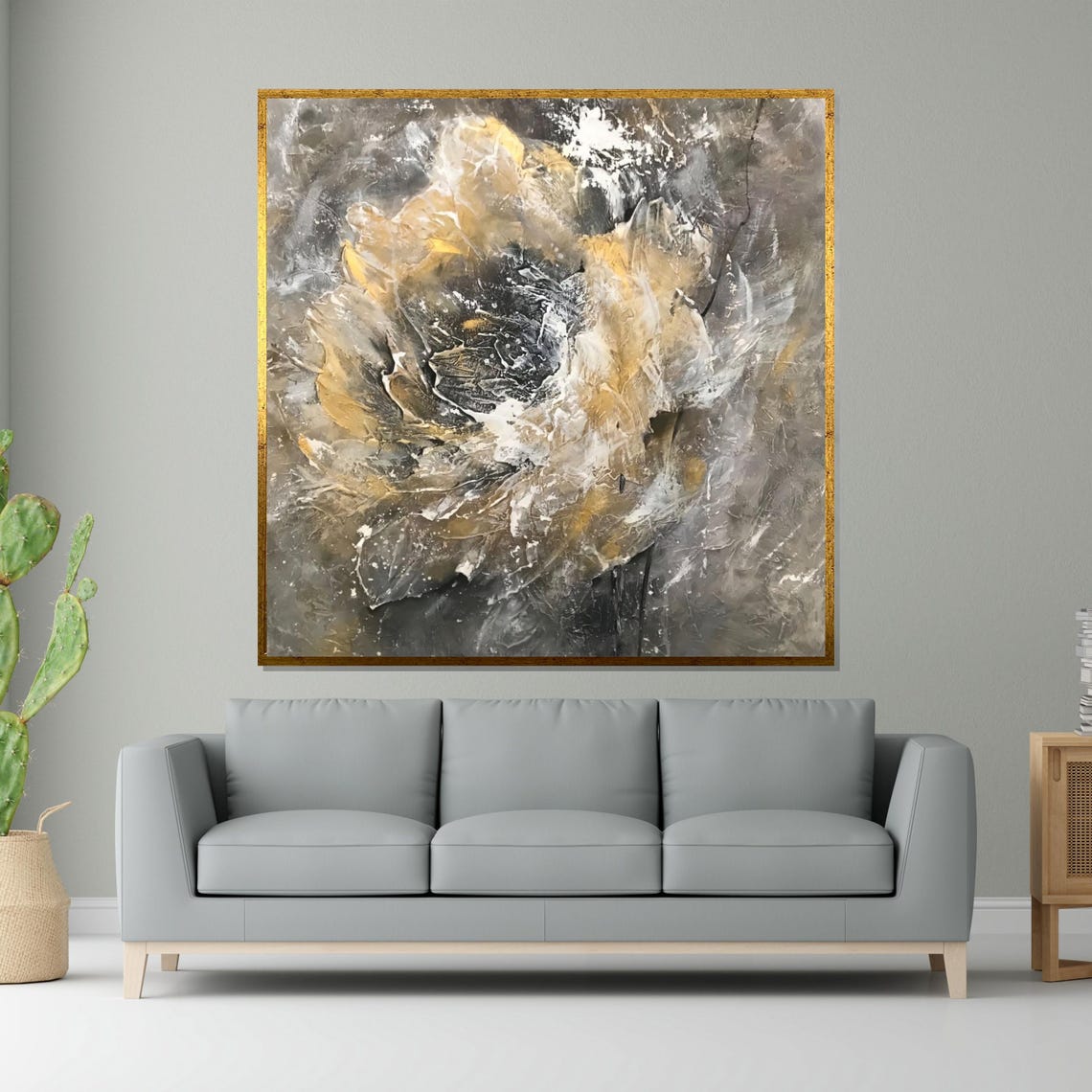 Gold and Gray Abstract Textured Swirl Modern Flower Art Poster