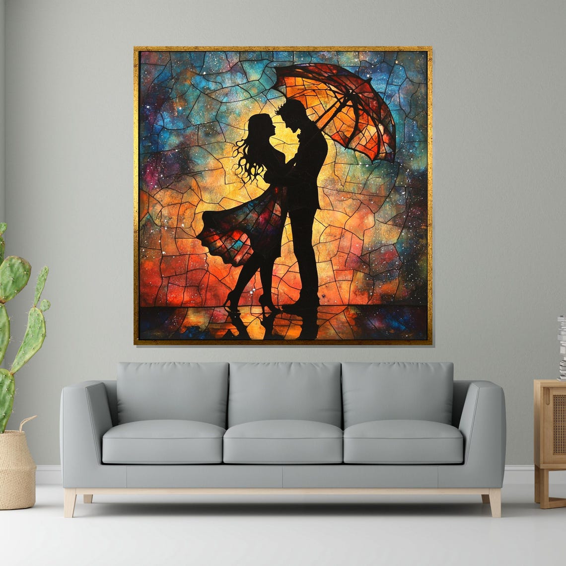 Romantic Couple Under Umbrella Vibrant Stained Glass Style Poster