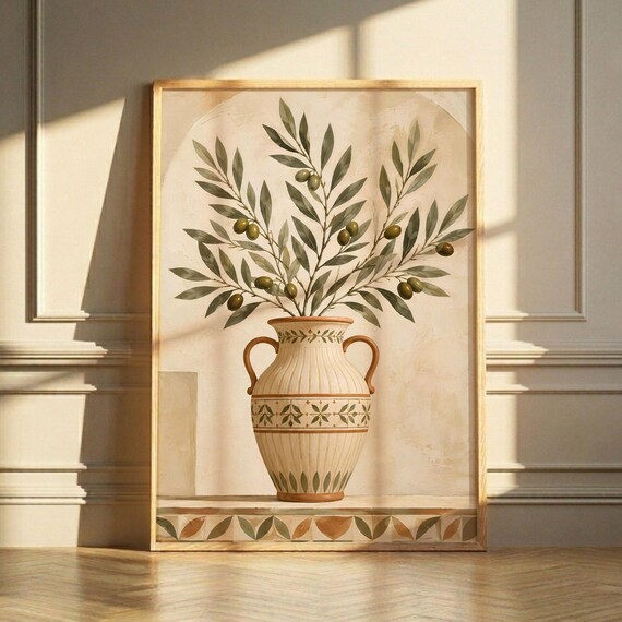 Olive Branch Amphora Vase Mediterranean Japandi Arch Botanical Poster