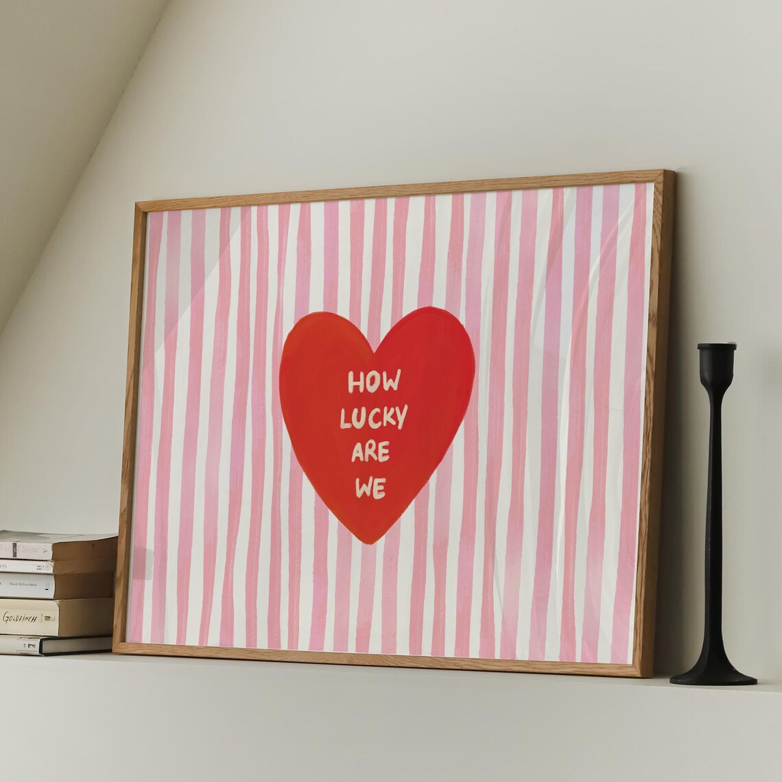 How Lucky Are We Red Heart Pink Striped Trendy Love Quote Poster