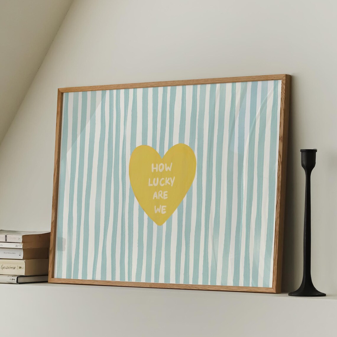 How Lucky Are We Yellow Heart Mint Striped Fresh Quote Poster