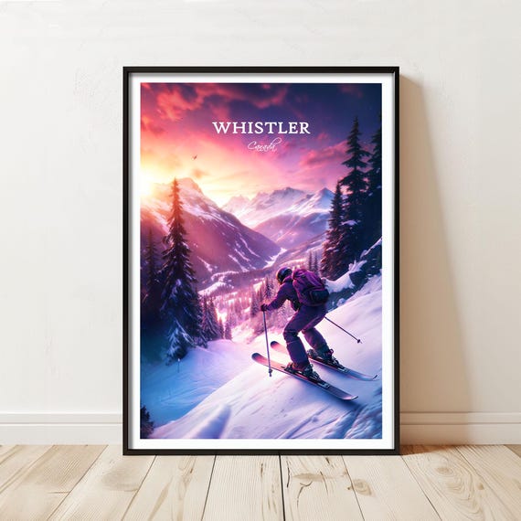 Whistler Skiing Travel Poster Print Captivating Mountain Sunset Scene Winter Adventure Wall Art Decor