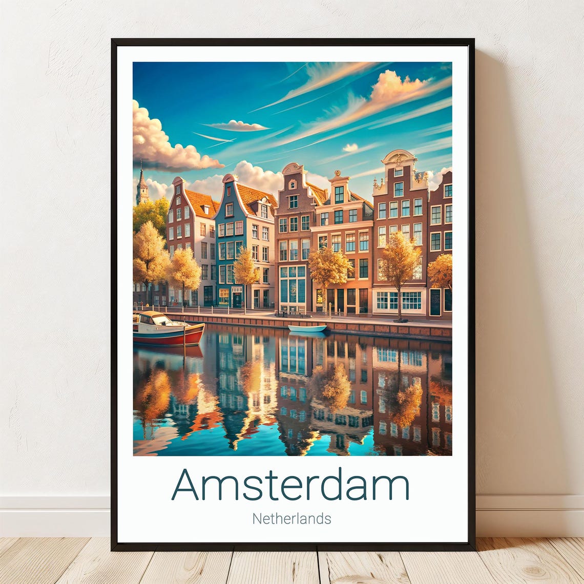 Amsterdam Netherlands Colorful Canal Houses Reflection Travel Poster