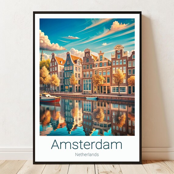Amsterdam Netherlands Colorful Canal Houses Reflection Travel Poster