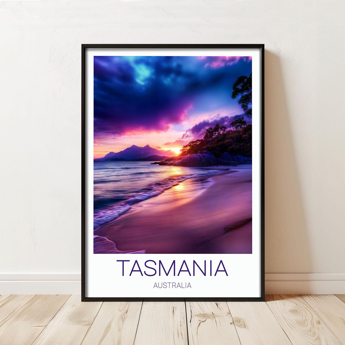 Tasmania Australia Purple Sunset Beach Mountain View Travel Poster