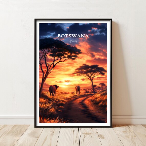 Botswana Sunset Print African Elephant Savanna Wall Art