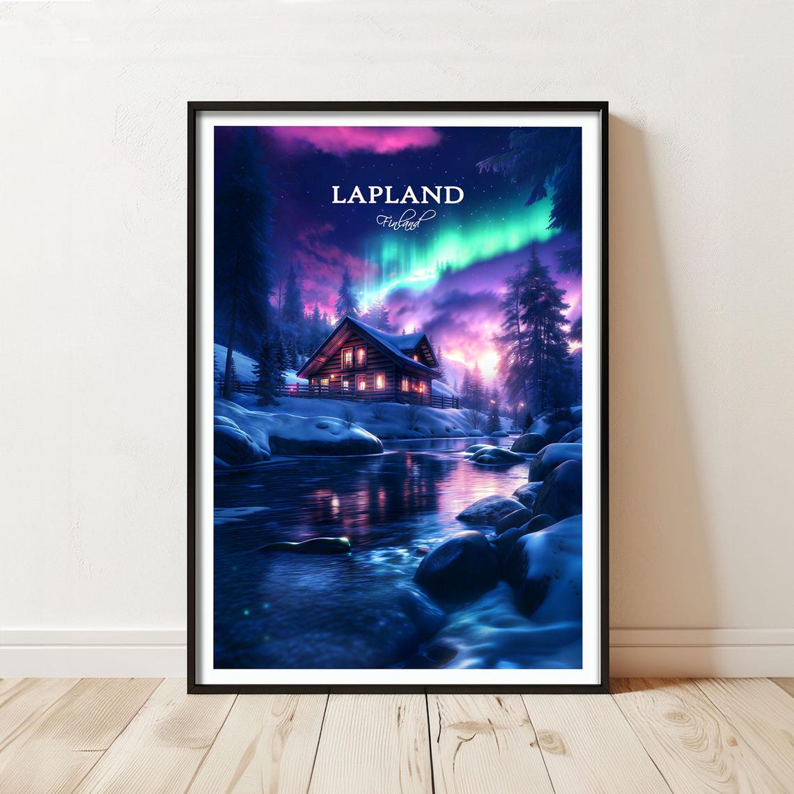 Lapland Finland Aurora Night Cabin River Snow Script Title Poster