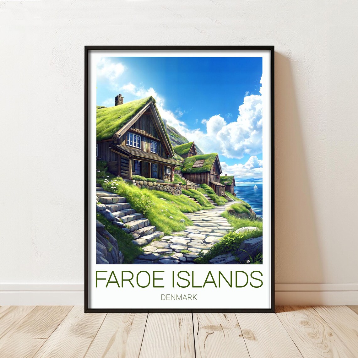 Scenic Faroe Islands Denmark Travel Poster With Grass Roof Cottages