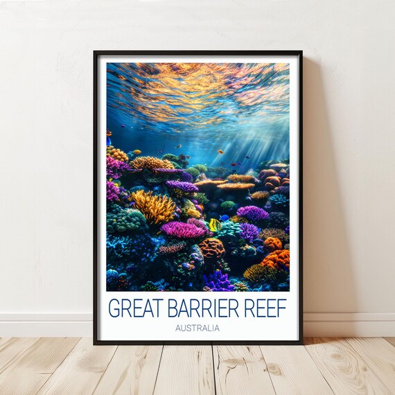 Great Barrier Reef Travel Poster Print Vibrant Coral And Tropical Fish Underwater Dcor