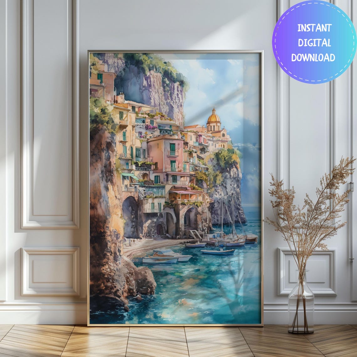 Watercolor Italy Sorrento Wall Art Travel Poster Italian Amalfi Coast Poster Italy Artwork Ocean Print Christmas