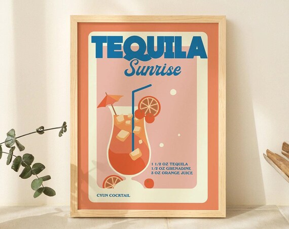 Tequila Sunrise Retro Cocktail Recipe Coral Bar Kitchen Poster