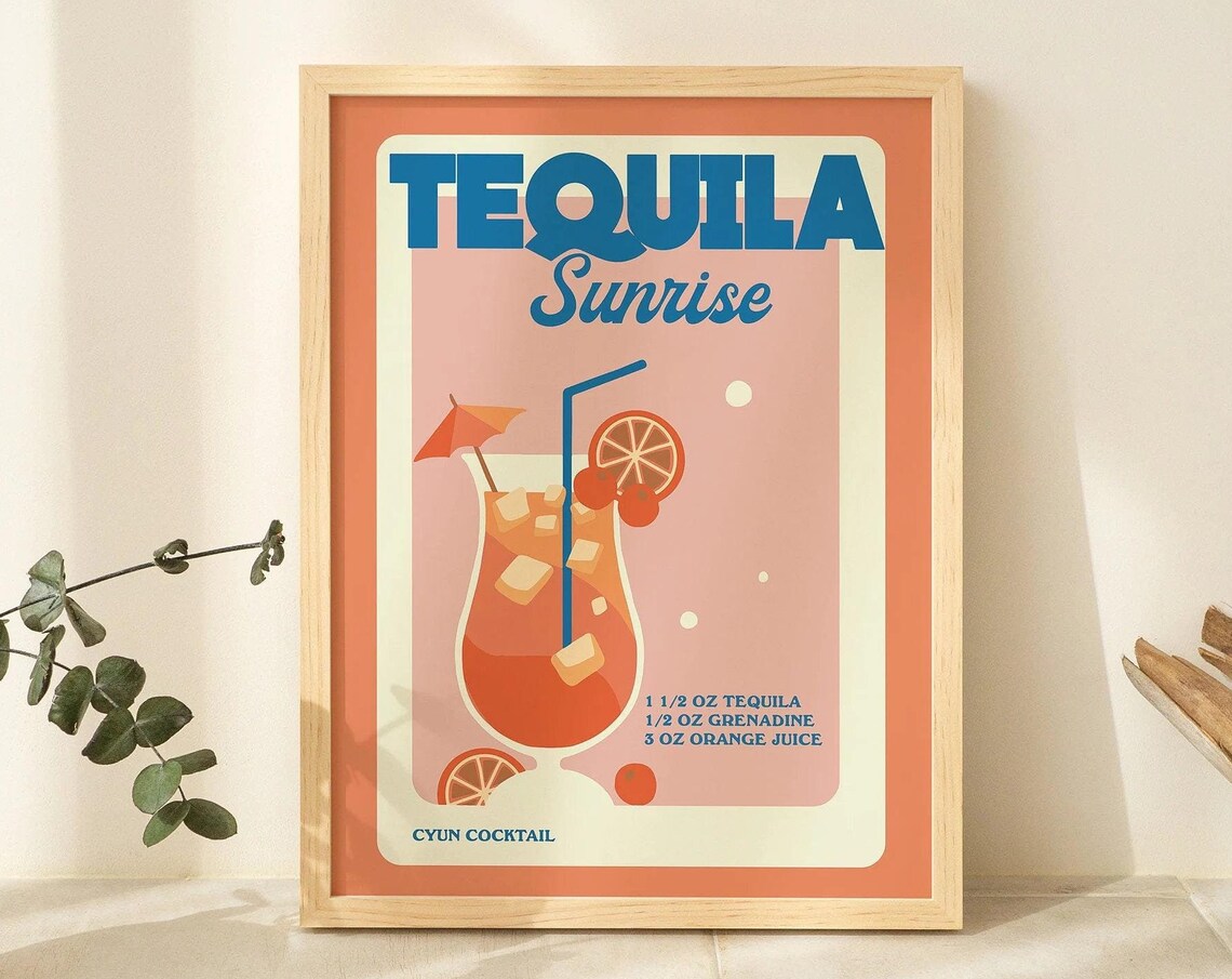 Tequila Sunrise Retro Cocktail Recipe Coral Bar Kitchen Poster