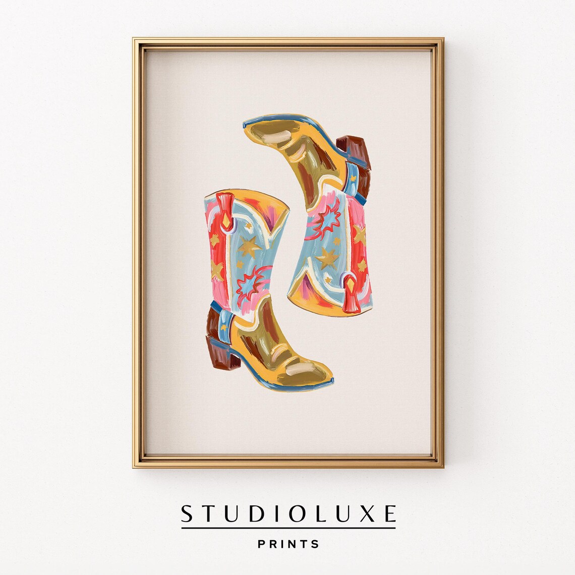 Colorful Painted Cowboy Boots with Western Stars Trendy Dorm Wall Art
