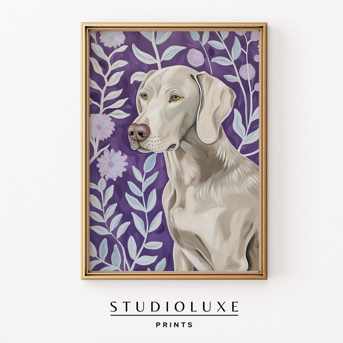 Weimaraner Dog Side Profile On Purple Floral Backdrop Pet Poster