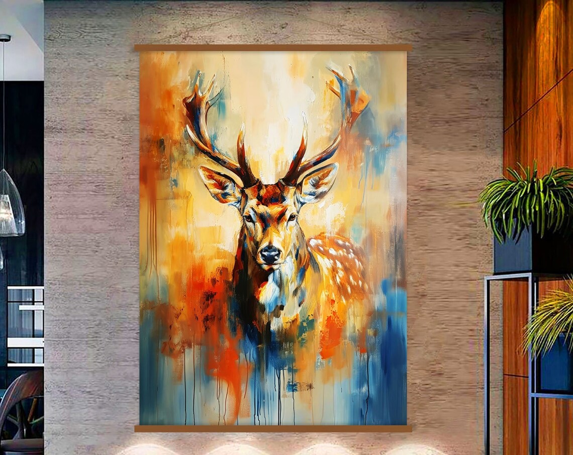 Abstract Blue Orange Stag Poster with Paint Splatter Wildlife Artwork - Image 2
