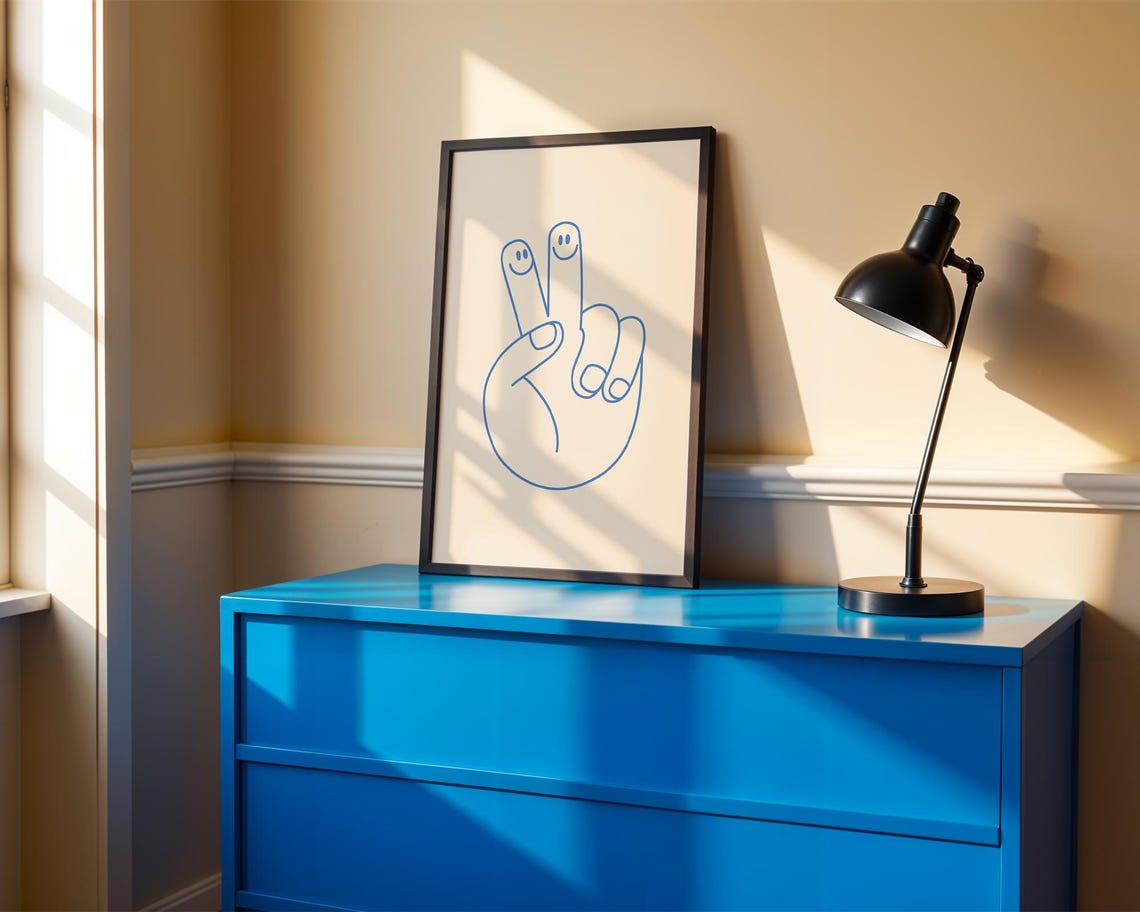 Blue Line Peace Sign Hand with Smiley Faces Minimalist Poster - Image 2