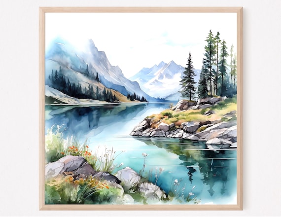 Mountain Lake Watercolor Pine Trees Calm Reflection Art Print