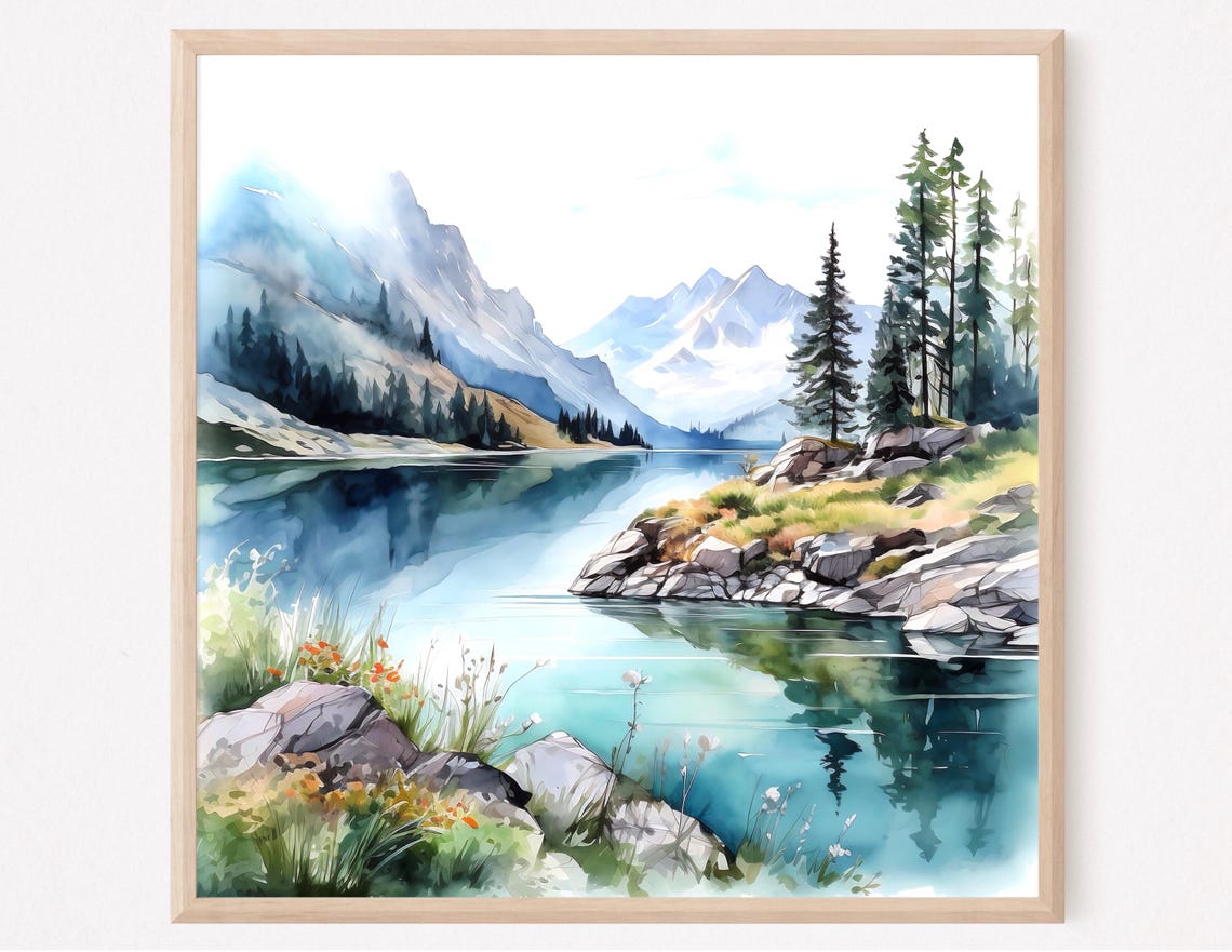 Mountain Lake Watercolor Pine Trees Calm Reflection Art Print