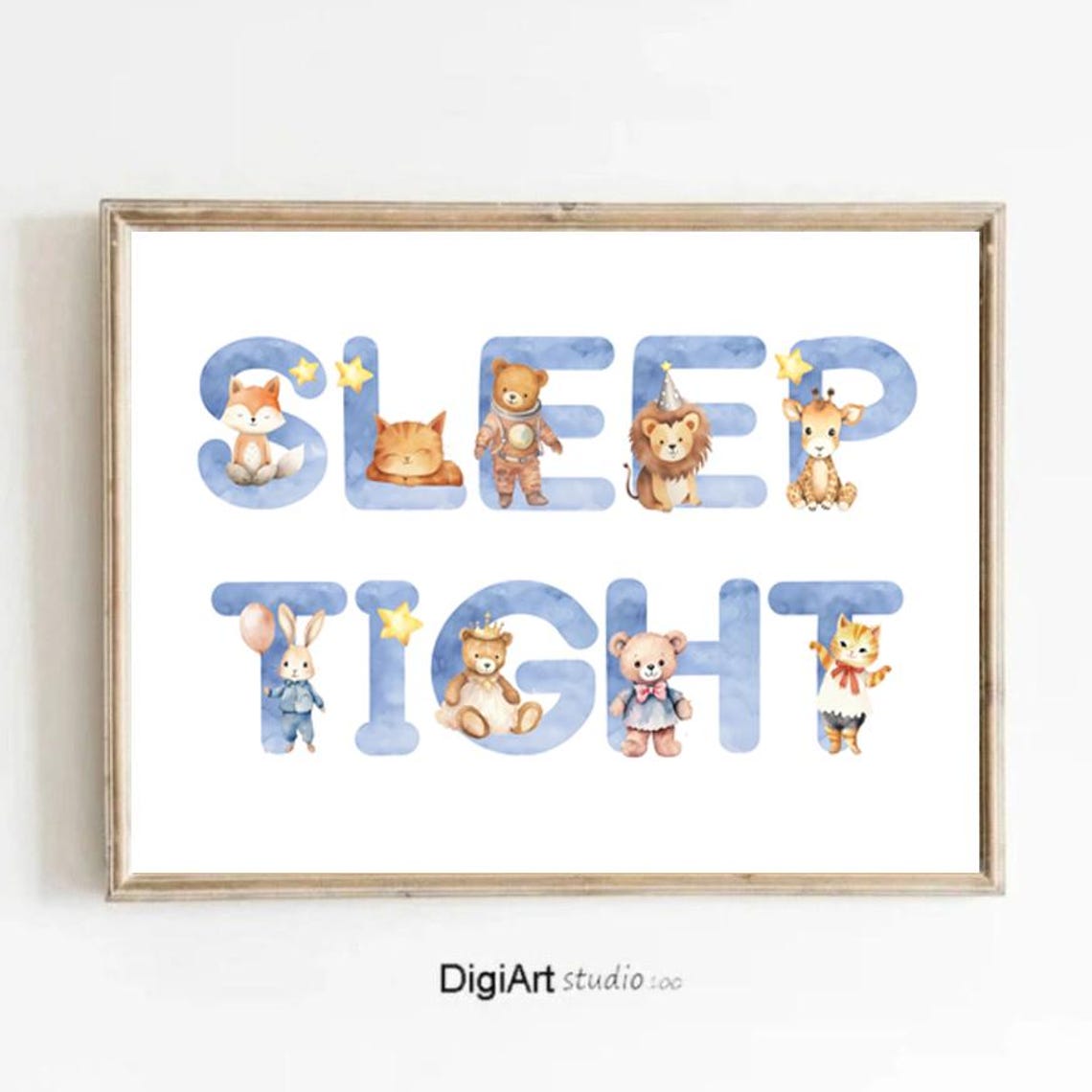 Sleep Tight Cute Nursery Animals Blue Watercolor Word Poster