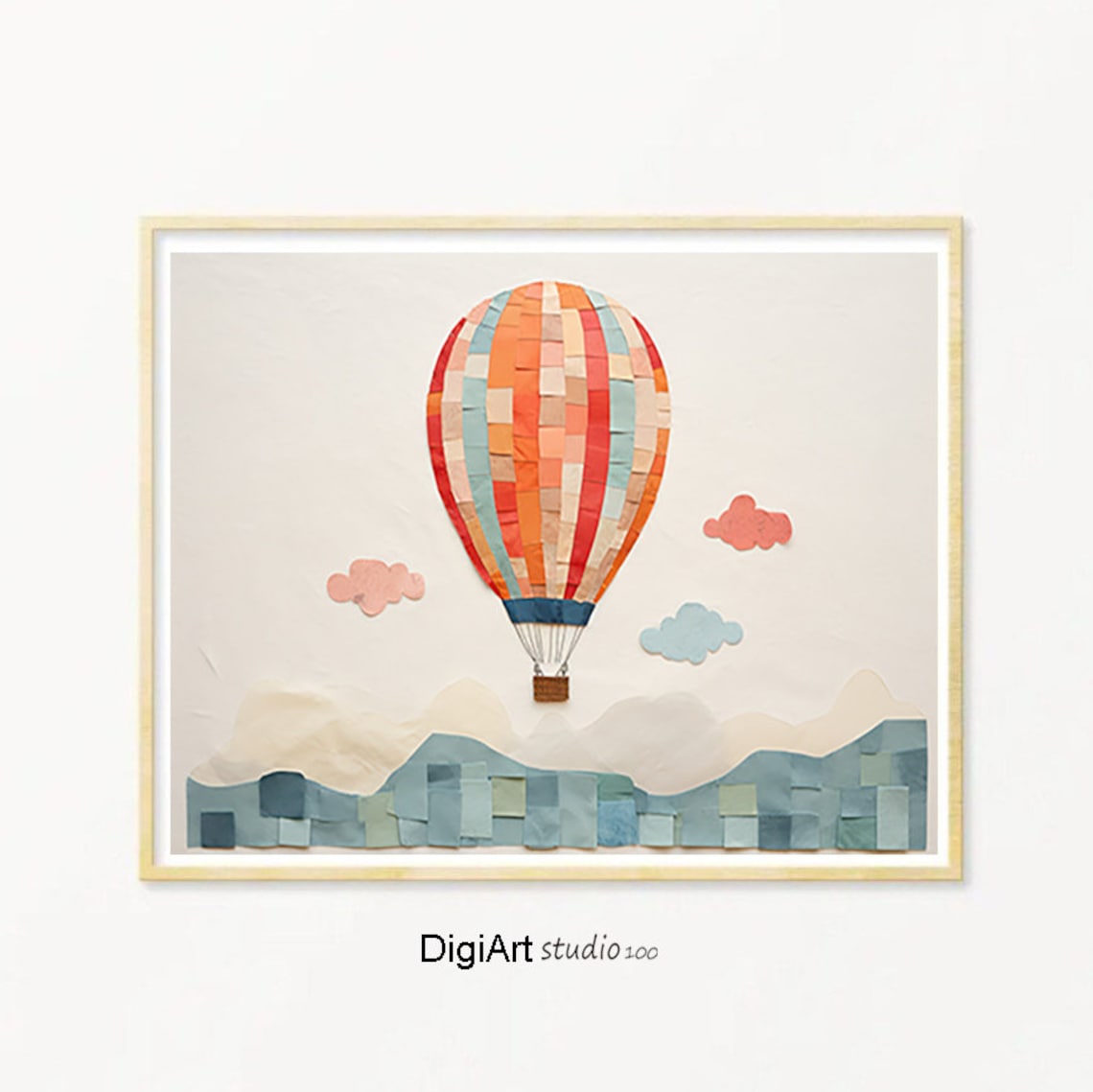 Hot Air Balloon Mosaic Pastel Clouds Kids Nursery Travel Art Poster