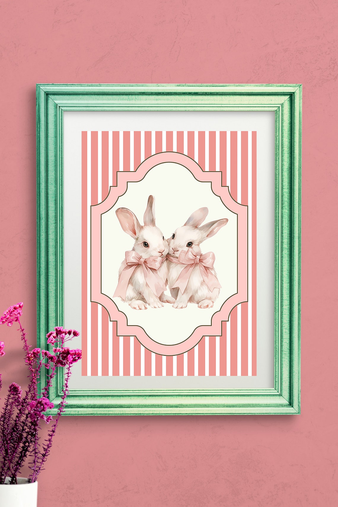 Two White Bunnies with Pink Bows Coquette Nursery Rabbit Print